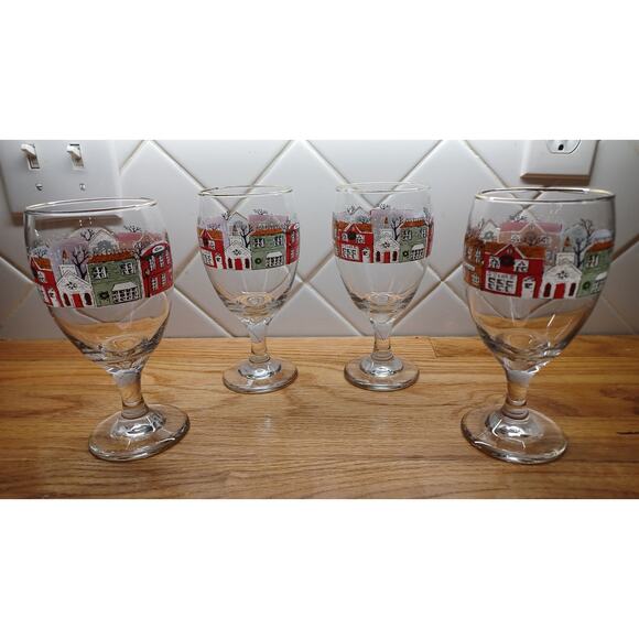 Set of 4 Vintage Christmas Winter Village by Libby Water Goblet Glasses - Picture 3 of 5
